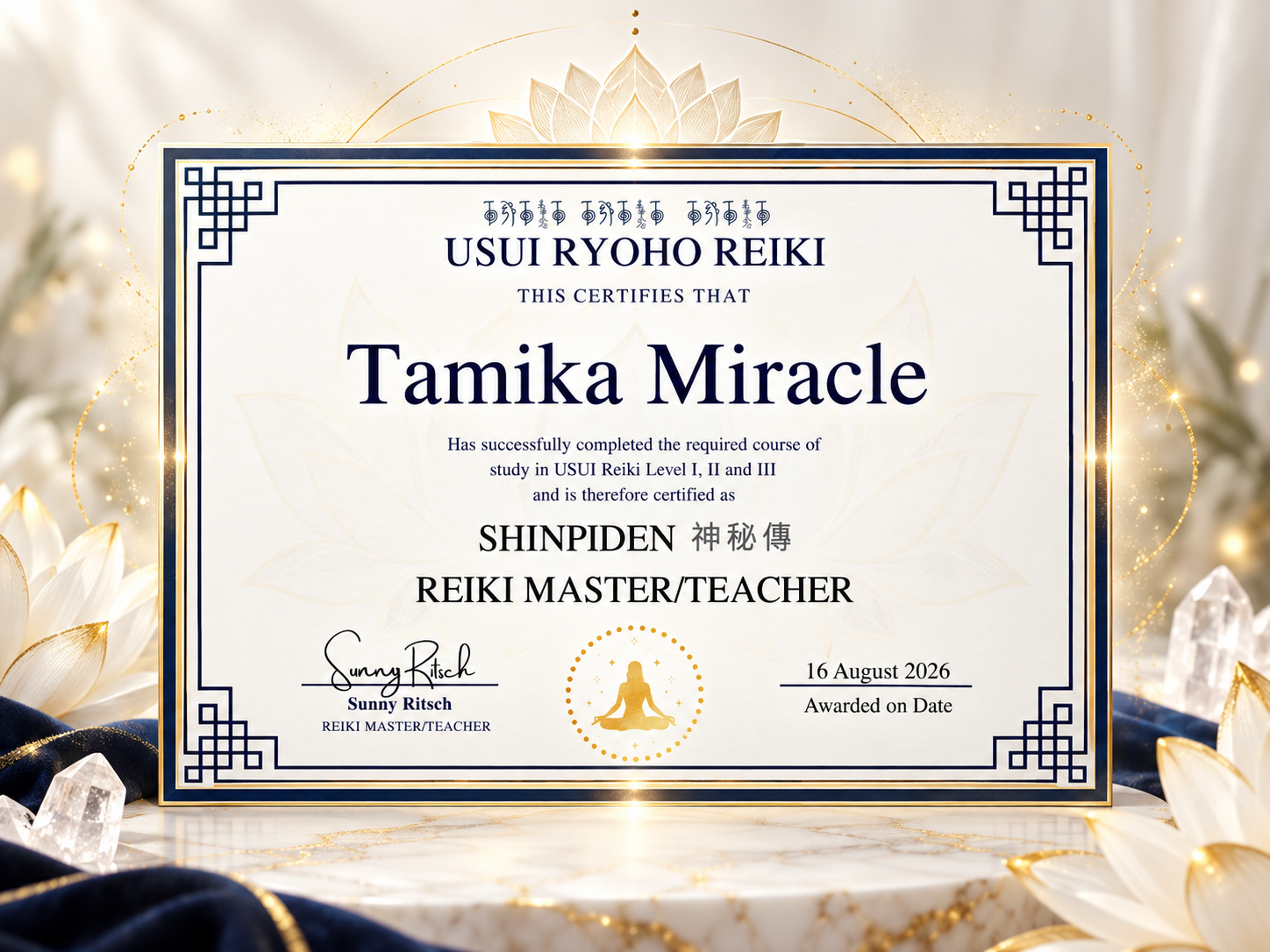 Usui Ryoho Reiki certificate awarding Tamika Miracle Shinpiden Reiki Master/Teacher