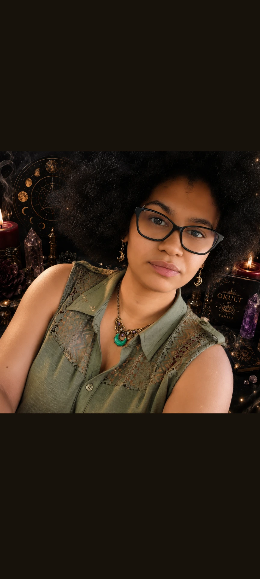 Tamika Miracle at her altar, surrounded by candles and crystals