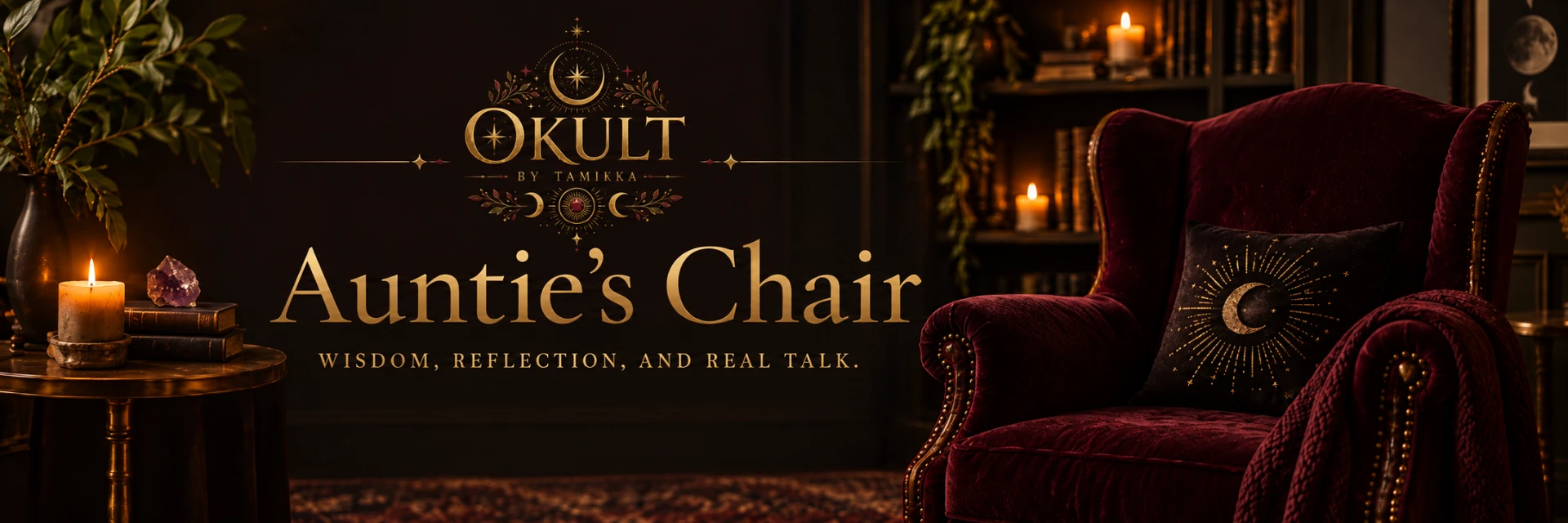 Auntie's Chair, a velvet wingback armchair by candlelight in the Okult by Tamika parlour