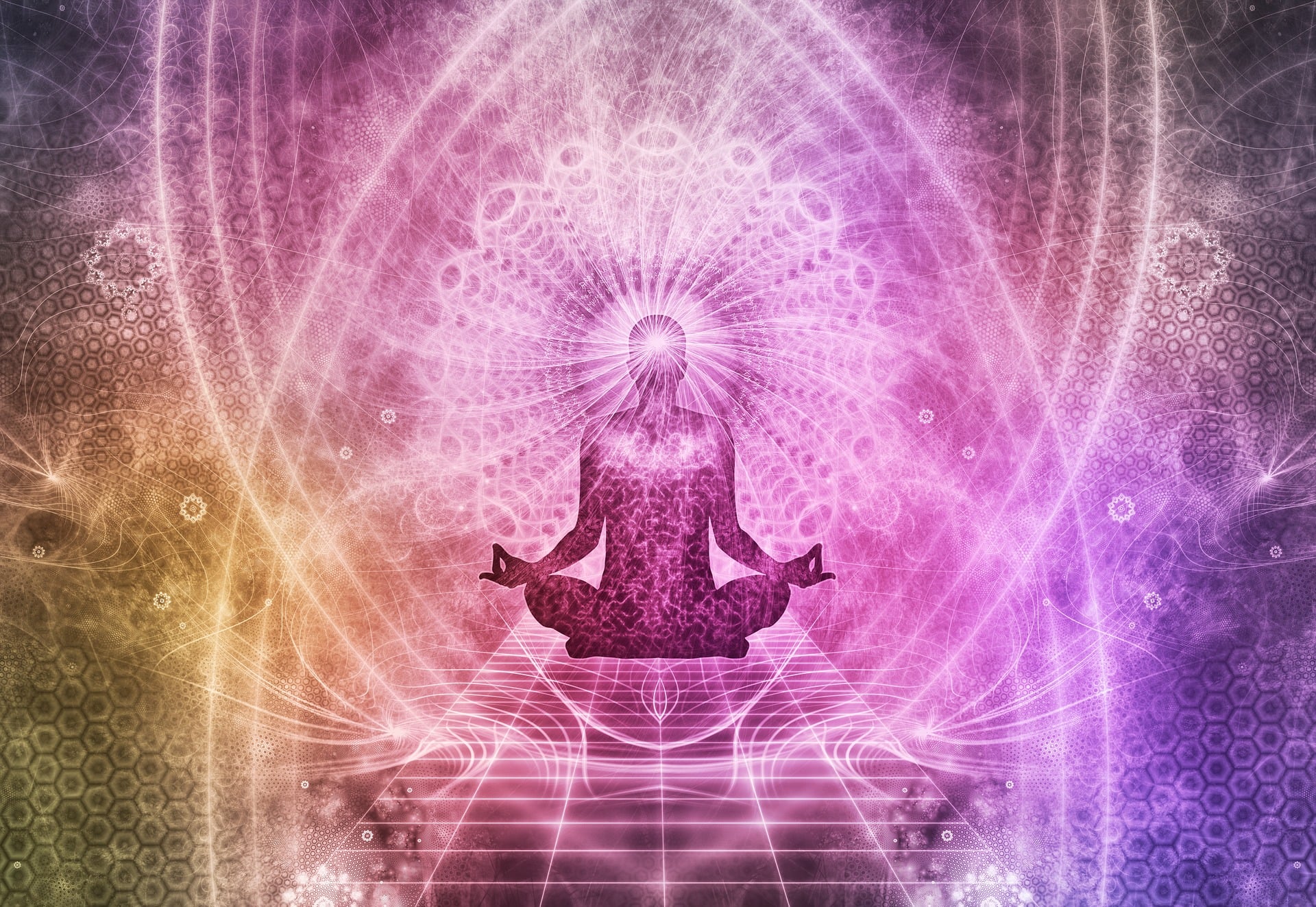 A figure seated in meditation, haloed by soft violet and gold light