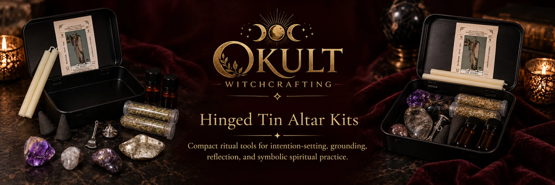 Okult Witchcrafting hinged tin altar kits with crystals, candles, herbs, oils and a tarot card